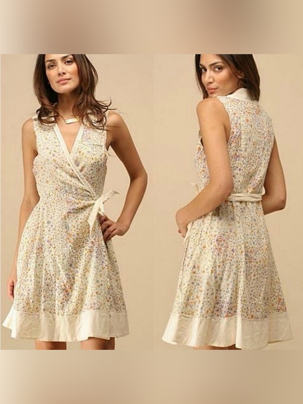 Free People Linen Cotton Floral Wrap Dress Pockets Size 2 Ivory Boho Cottagecore